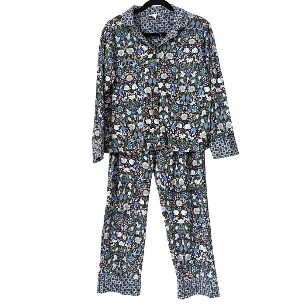 Vera Bradley 100% Cotton Forest Notch Collar Pajama Set Blue Brown Size S